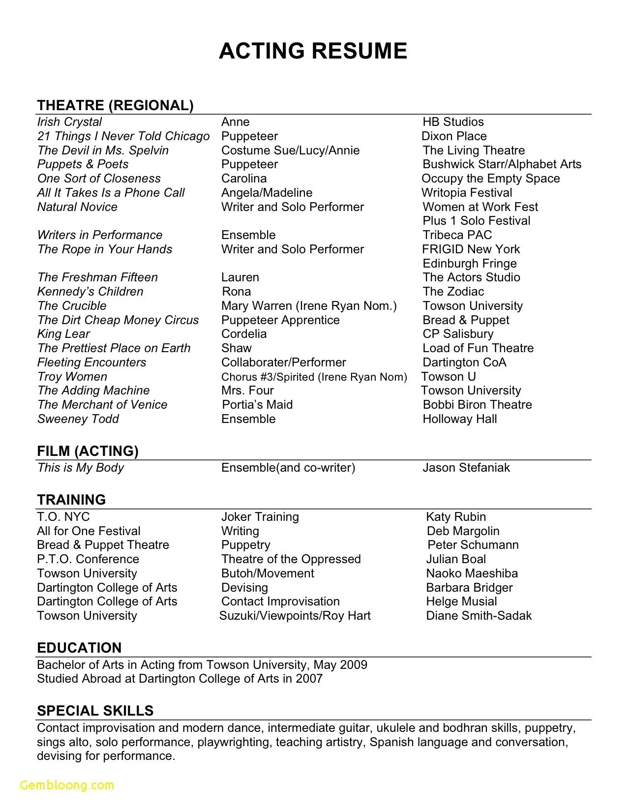 Acting Resume Template Resume Templates Theatre Resume Template Acting Acting Resume Sample