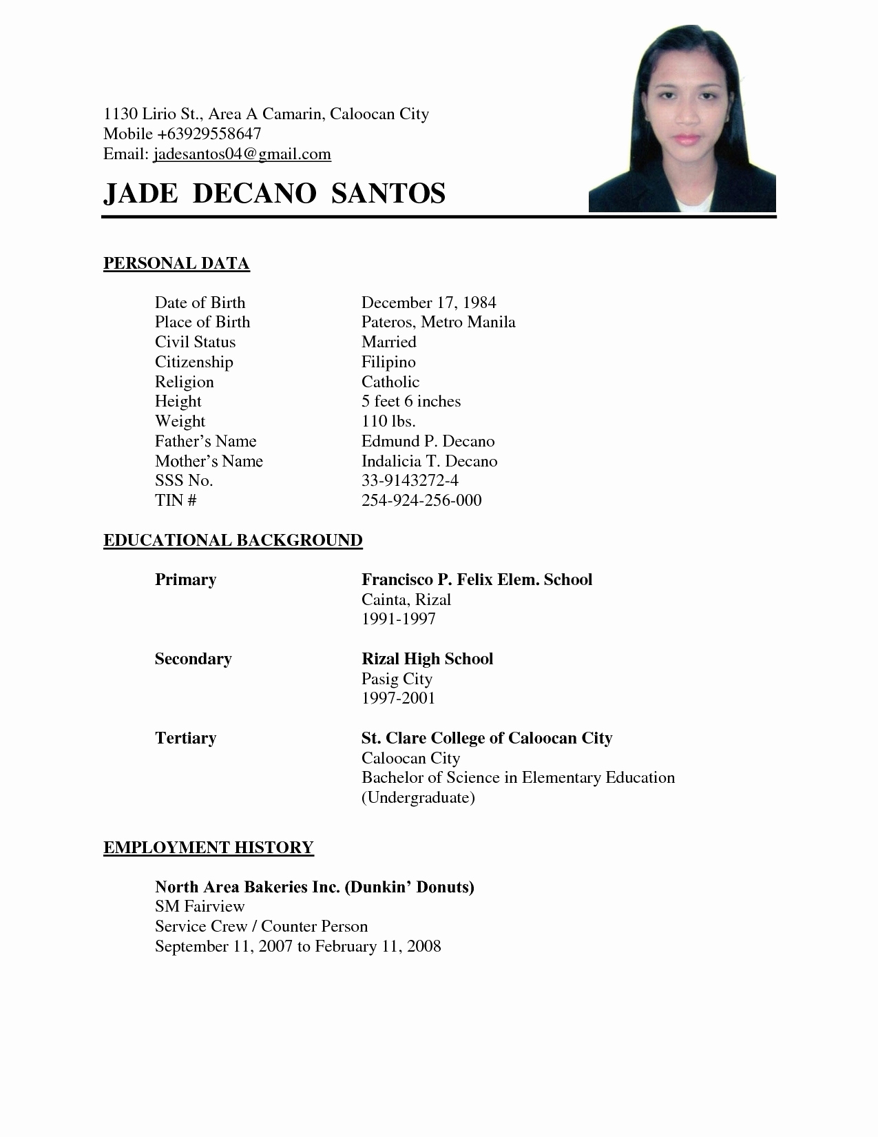 Basic Resume Examples  Easy Resume Example For Simple Filipino Resume Format Theomegaca