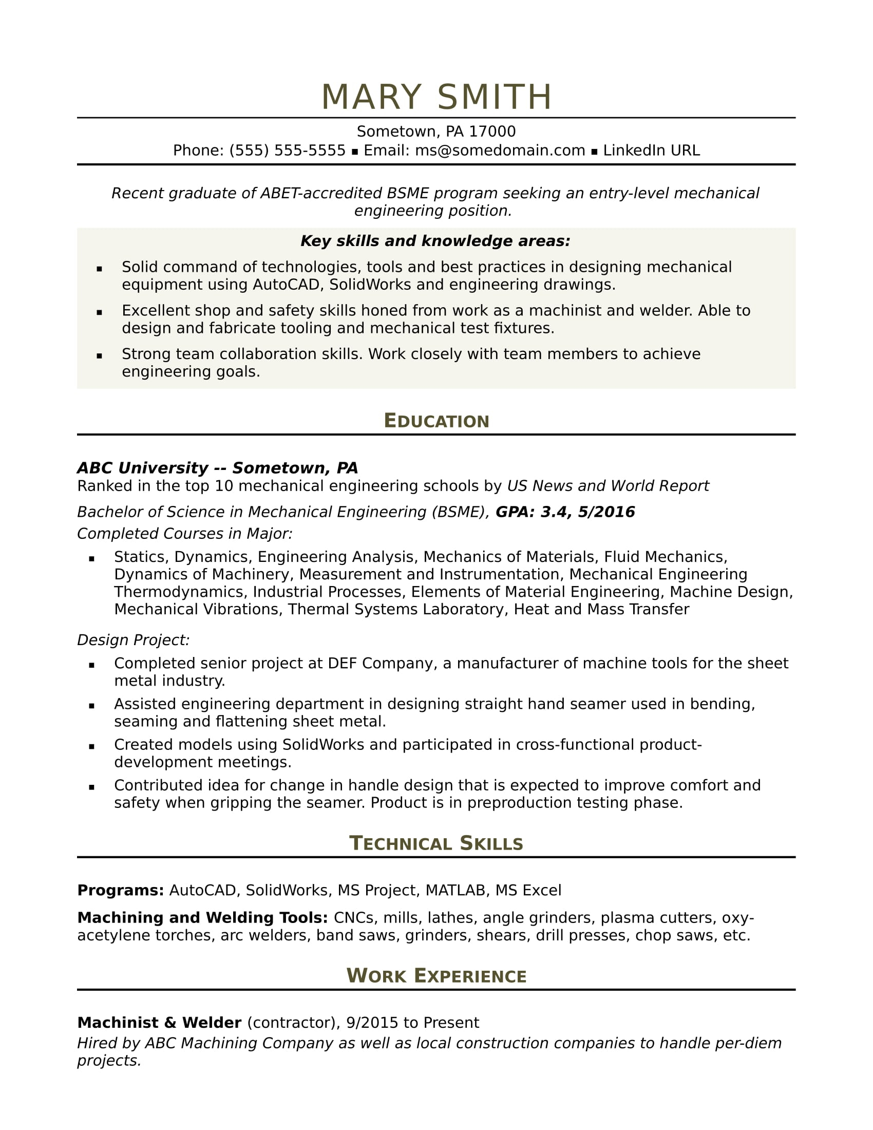 Basic Resume Template Sample Resume For An Entry Level Mechanical Engineer Monster