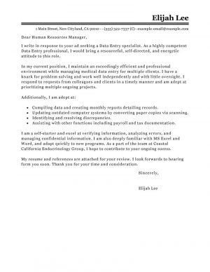 Cover Letter Example Administrative Leading Professional Data Entry Cover Letter Examples Resources