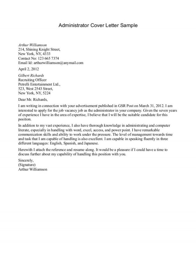 Cover Letter Example Administrative Sample Cover Letter For Business ...