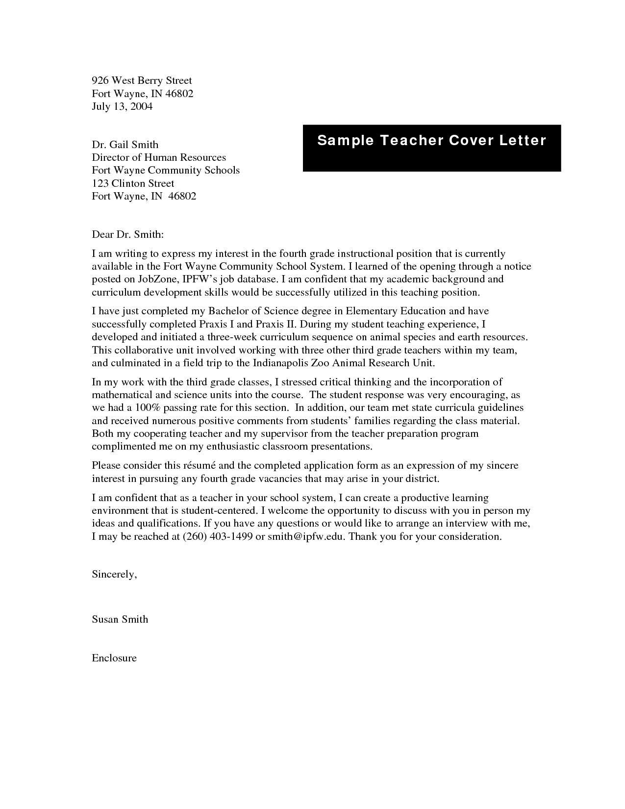Cover Letter Example Teacher  Cover Letter Teaching Position Cablomongroundsapexco