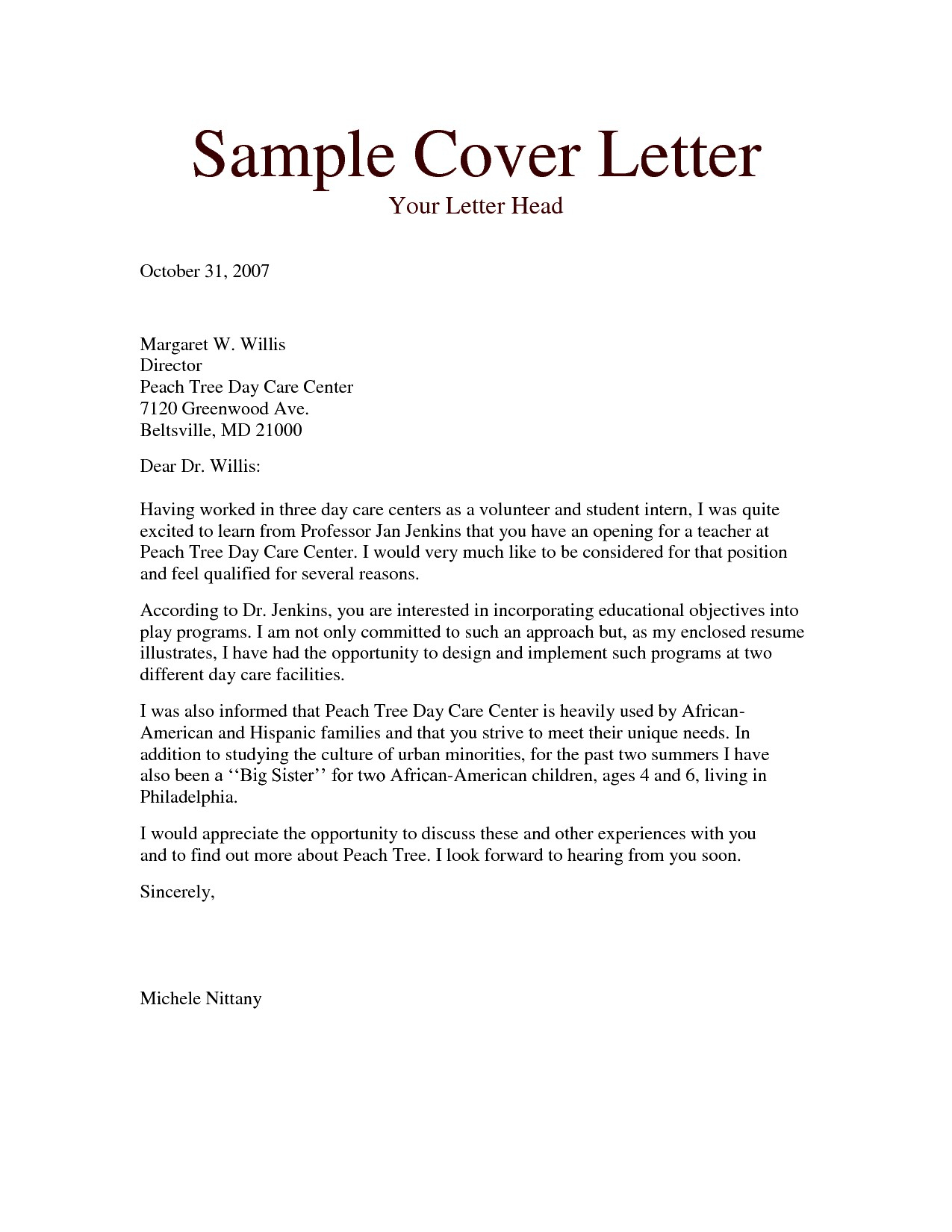 Cover Letter Example Teacher  Resume Cover Letter Child Care New Resume Outline Free Cover Letter