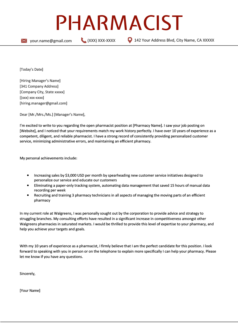 Cover Letter Example Templates Pharmacist Cover Letter Sample Free Download Resume Genius