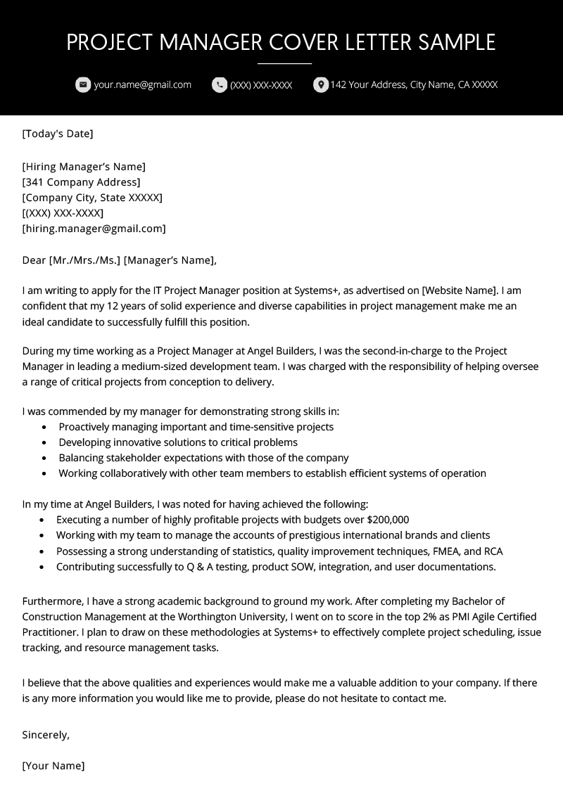 Cover Letter Example Templates Project Manager Cover Letter Example Resume Genius