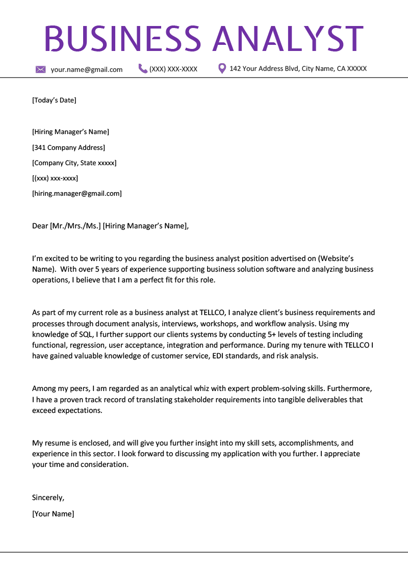 Cover Letters Template  Business Analyst Cover Letter Example Writing Tips Resume Genius