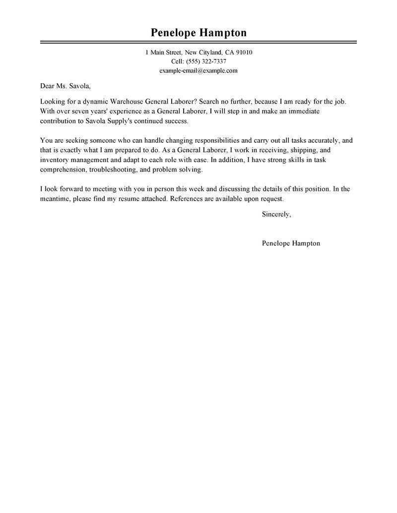 Cover Letters Template  Leading Professional General Labor Cover Letter Examples Resources