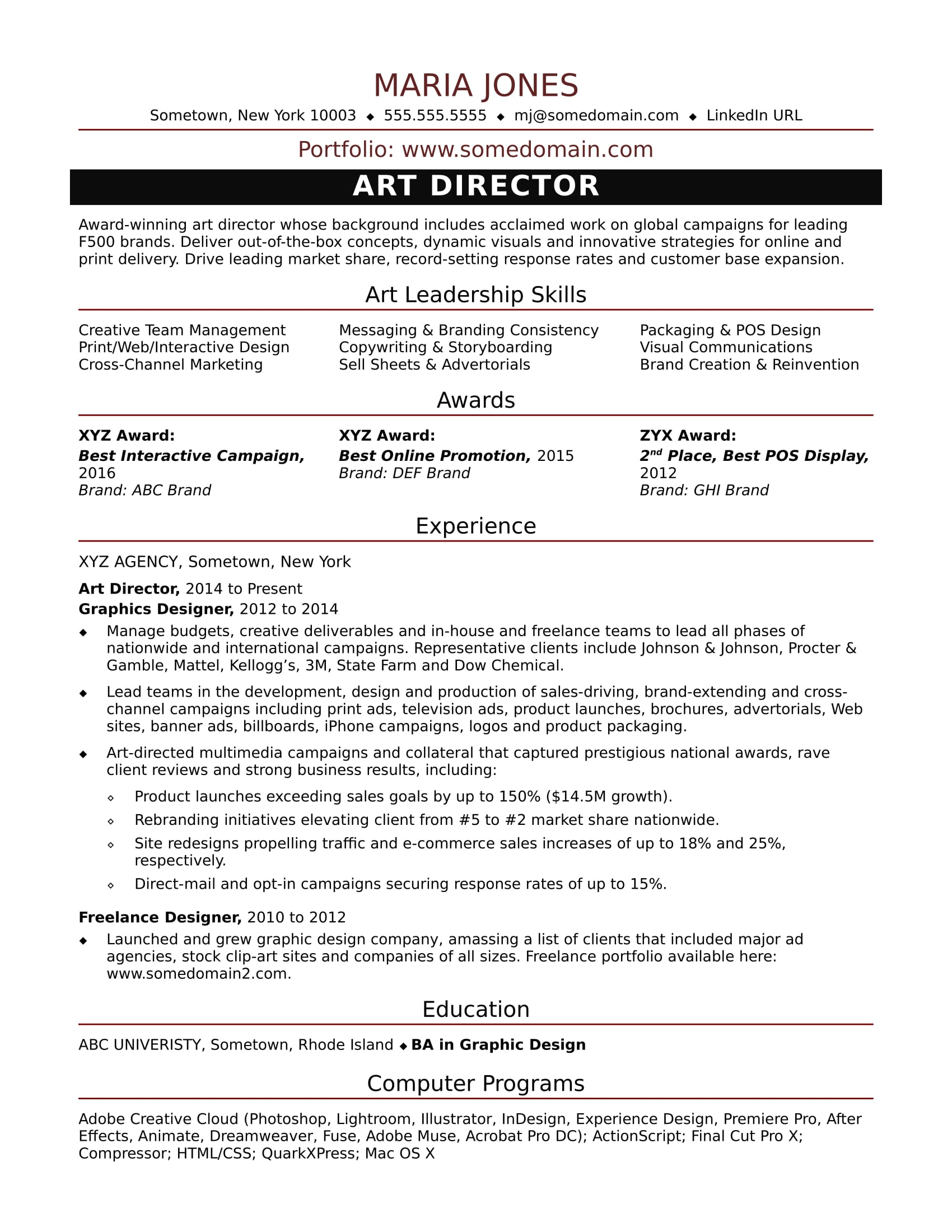 Creative Director Resume  Sample Resume For A Midlevel Art Director Monster