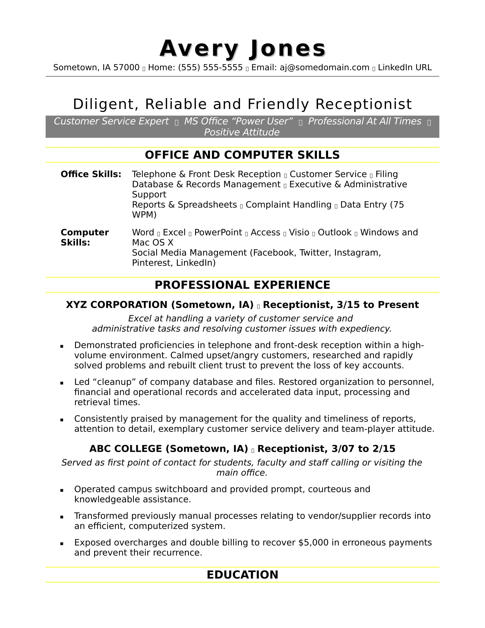 Customer Service Resume Skills Receptionist customer service resume skills|wikiresume.com