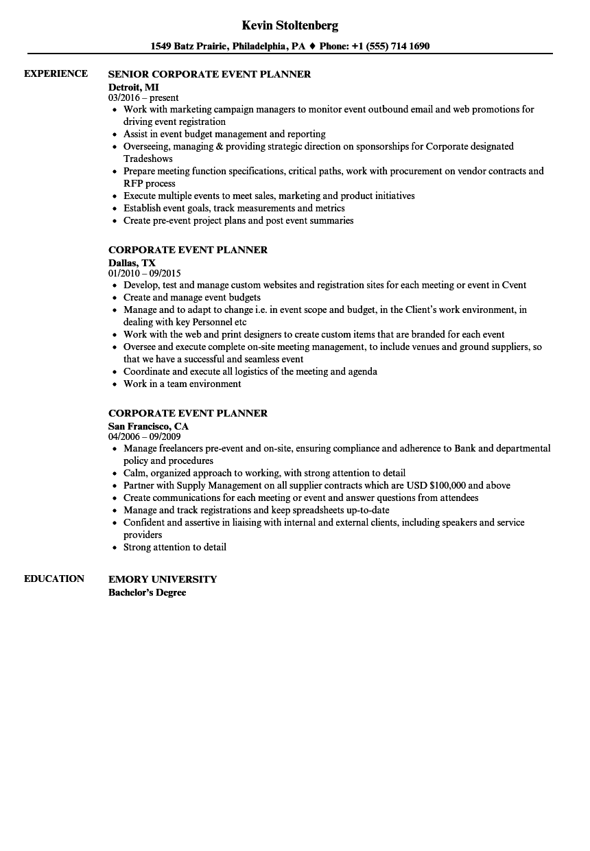 Event Planner Resume Corporate Event Planner Resume Sample event planner resume|wikiresume.com