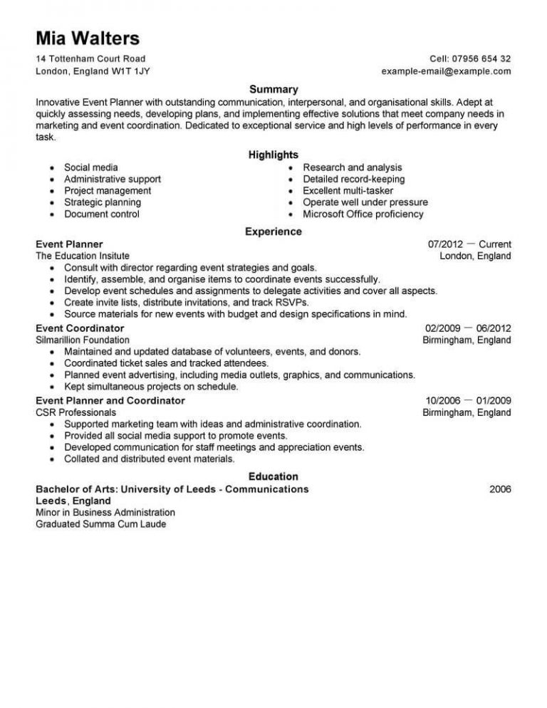 Event Planner Resume - wikiresume.com