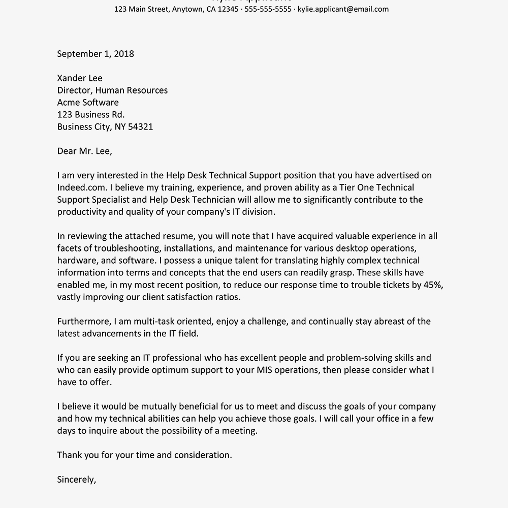 Example Cover Letter Technical Support And Help Desk Cover Letter Example