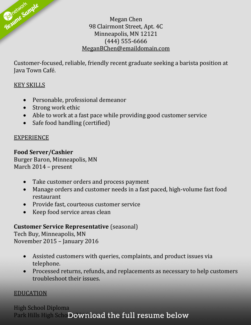 Example Of A Resume Barista Resume Entry Level example of a resume|wikiresume.com