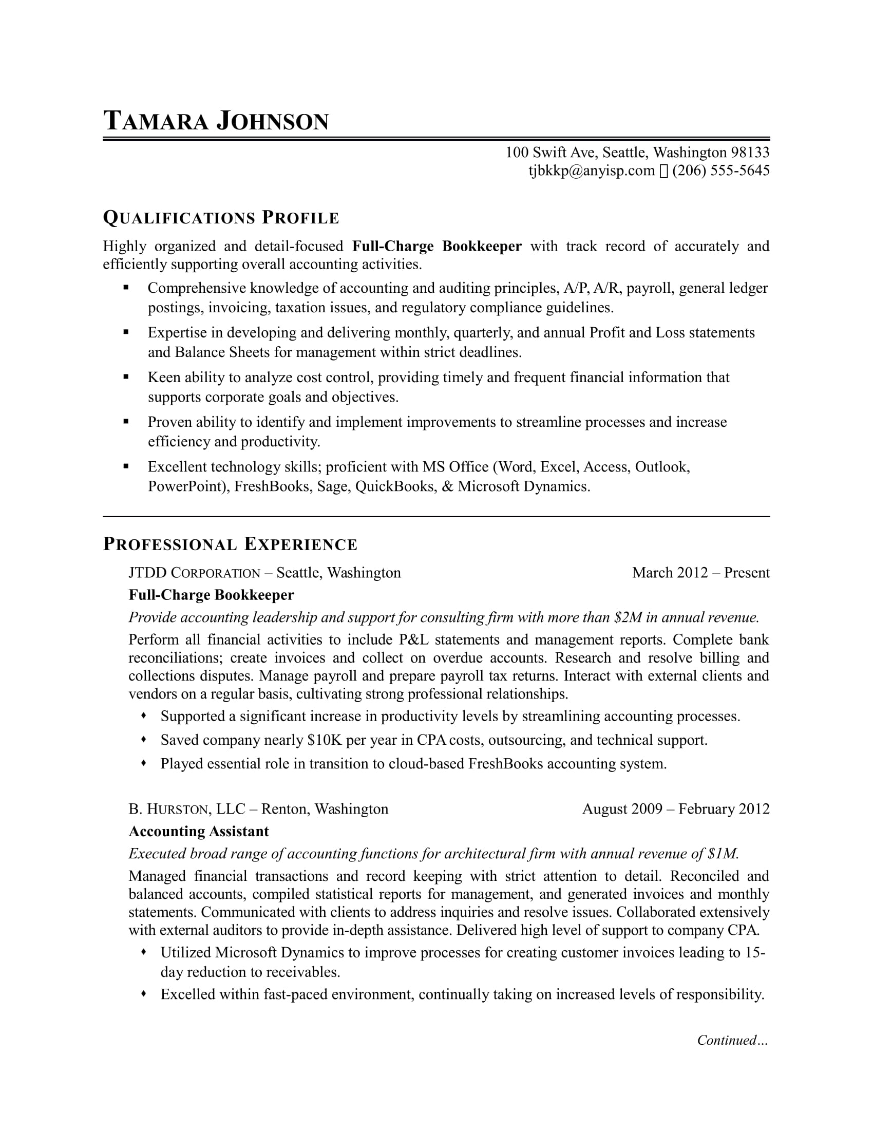 Example Of A Resume Bookkeeper example of a resume|wikiresume.com