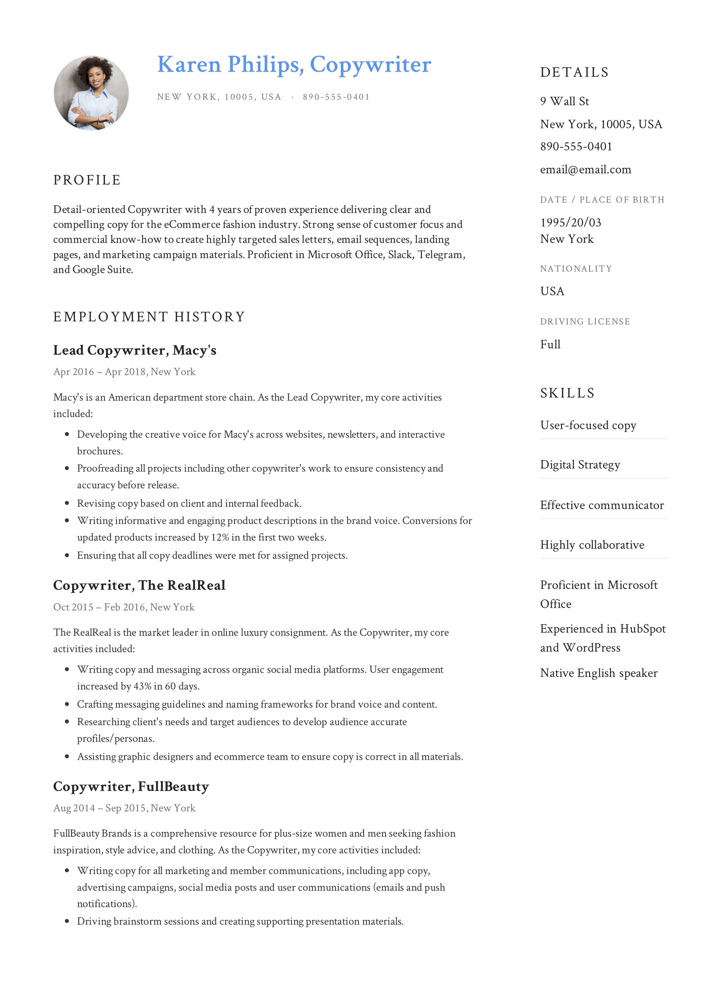 Example Of A Resume Example Resume Copywriter 5 example of a resume|wikiresume.com