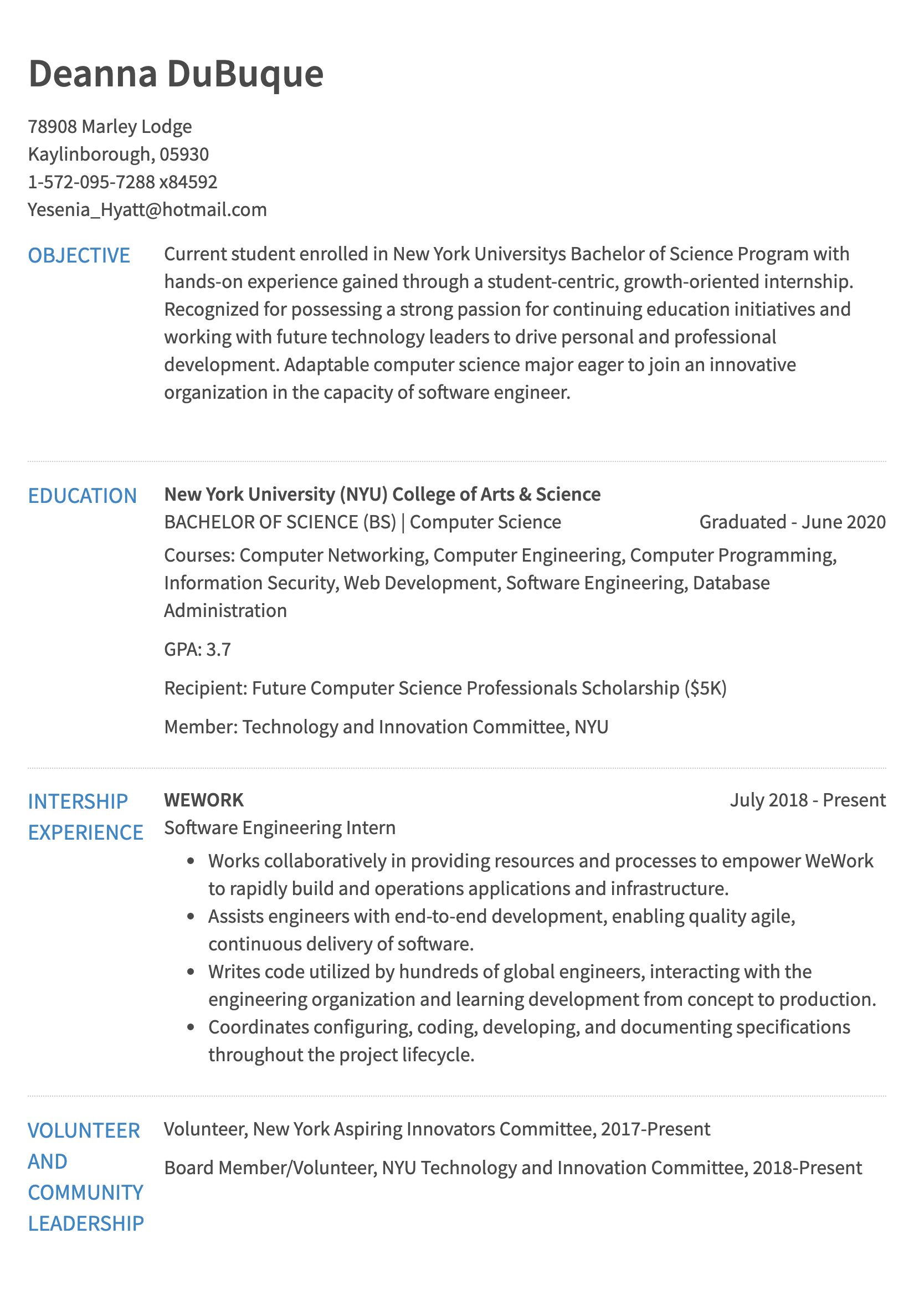 Example Of A Resume Internship 0 Years Of Exp example of a resume|wikiresume.com