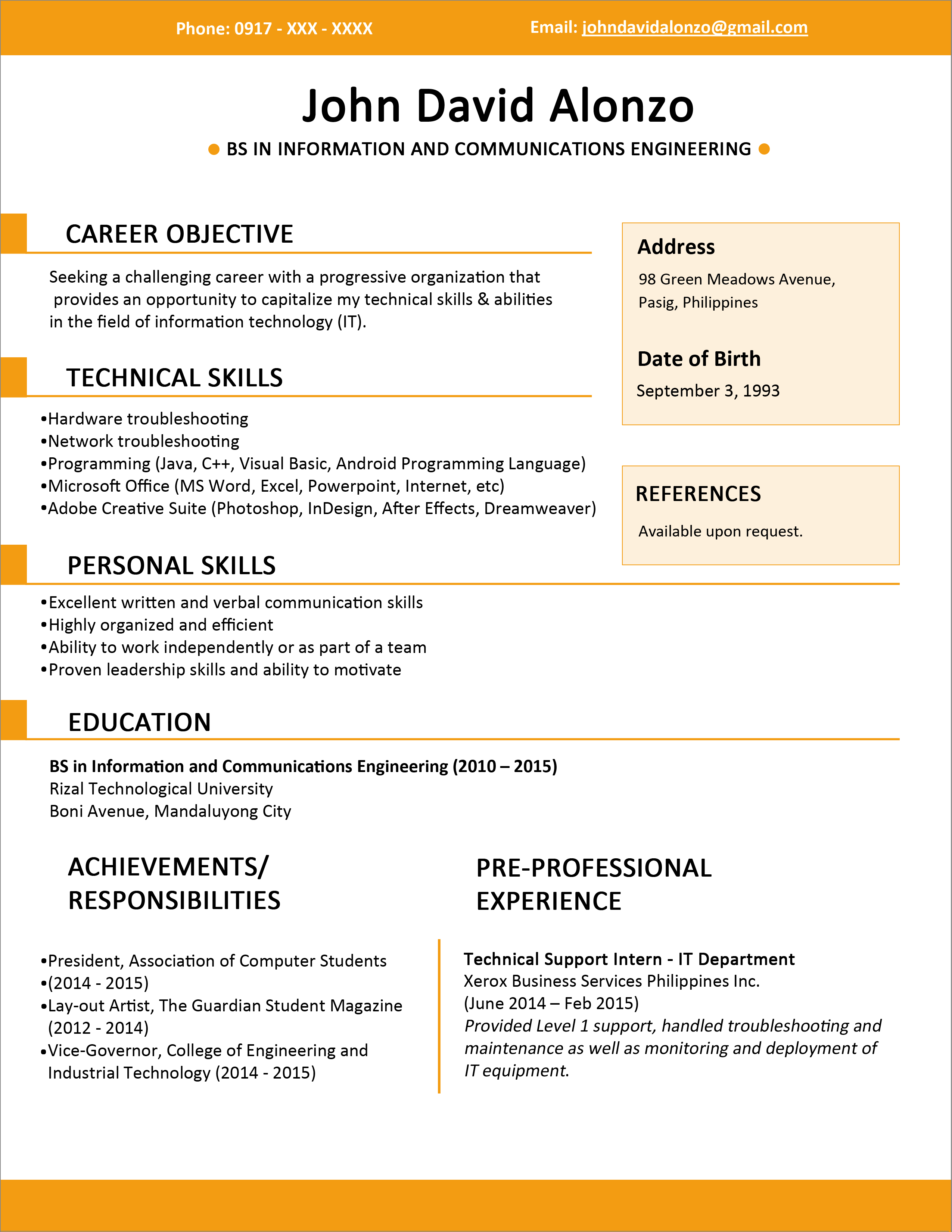 Example Of A Resume Sample Resume Format For Fresh Graduates Single Page 41 example of a resume|wikiresume.com