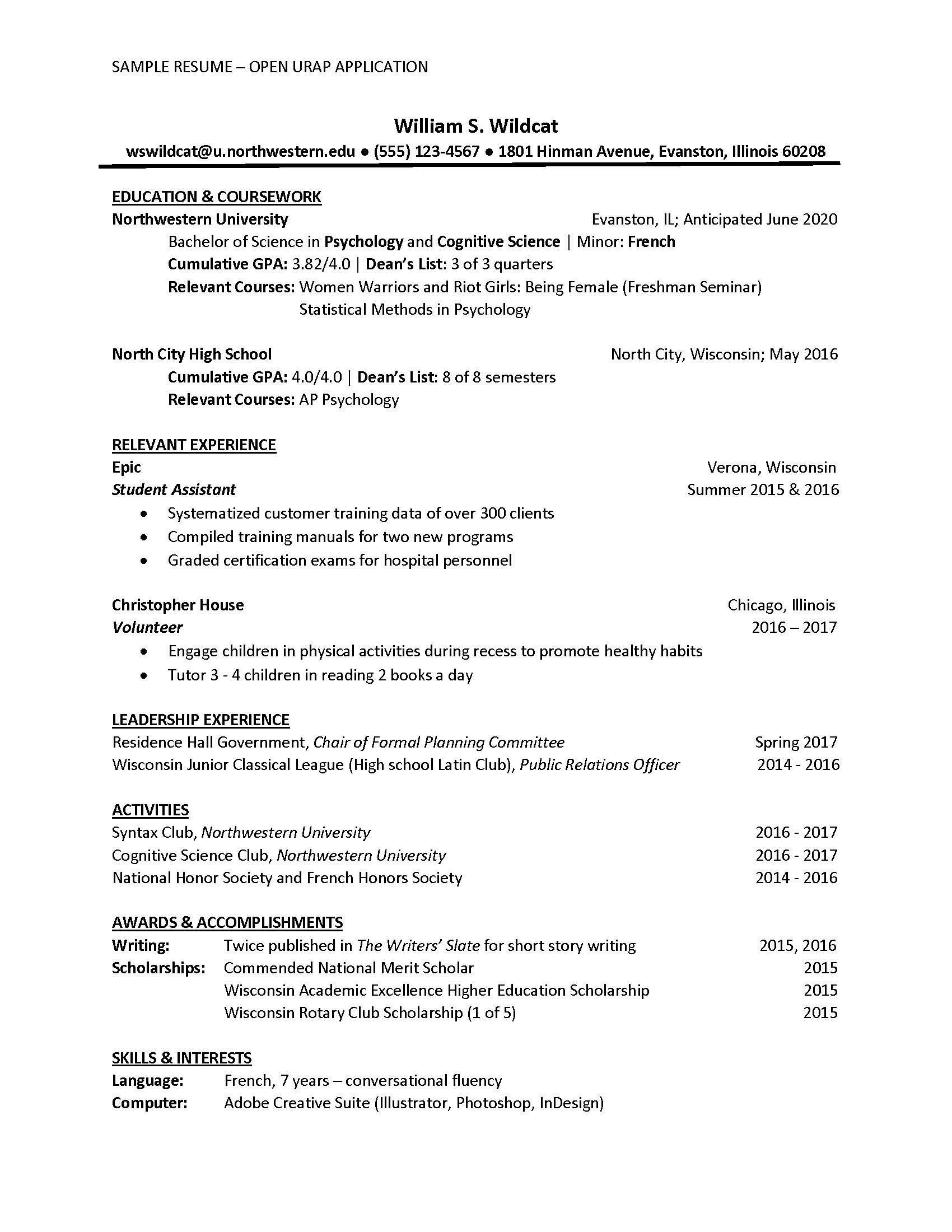 Example Of Resume Example Resume Open Urap Position Office Of Undergraduate Research