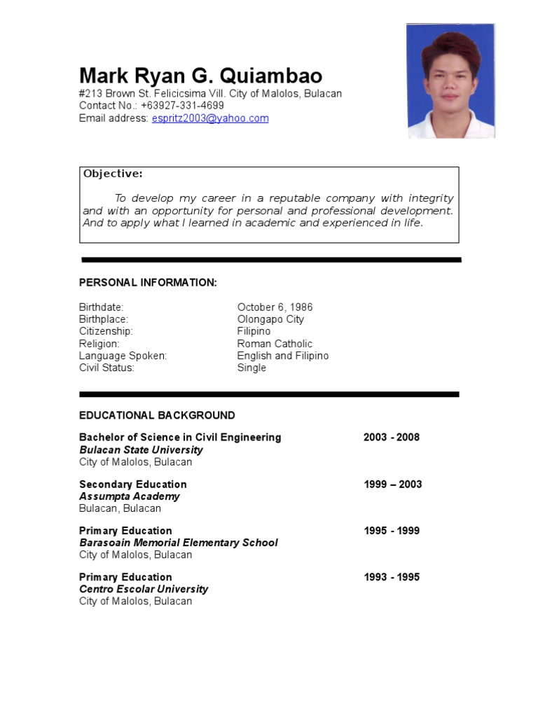 Example Of Resume Filipino Resume Sample Floating City