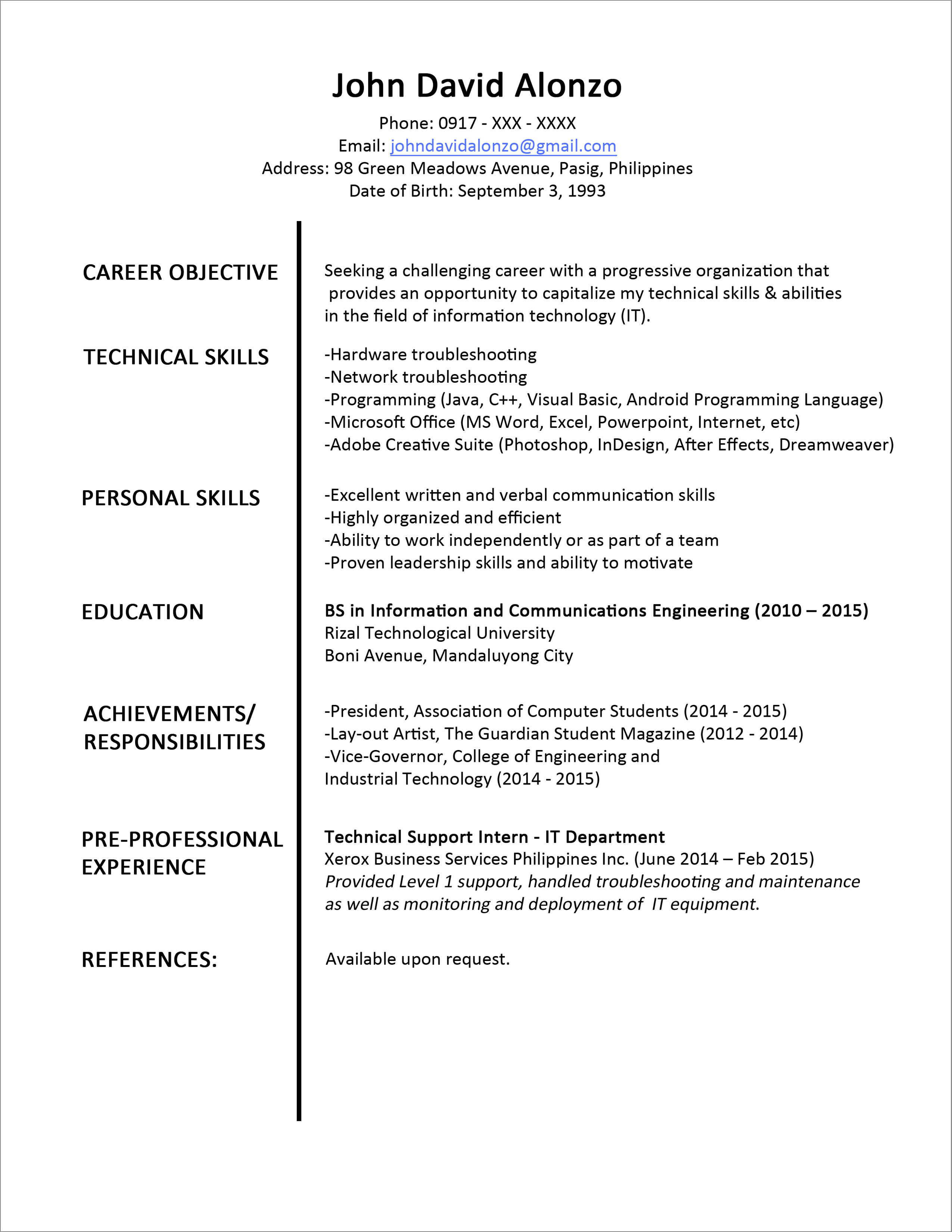 Example Of Resume Sample Resume Format For Fresh Graduates One Page Format