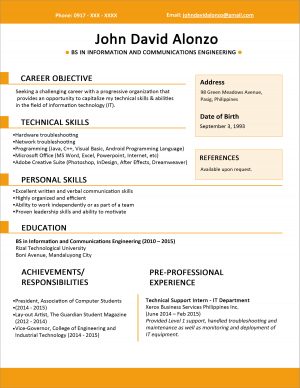 Example Of Resume Sample Resume Format For Fresh Graduates One Page Format