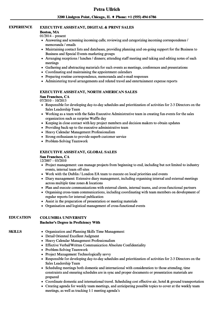 Executive Assistant Resume Sales Executive Assistant Resume Samples Velvet Jobs