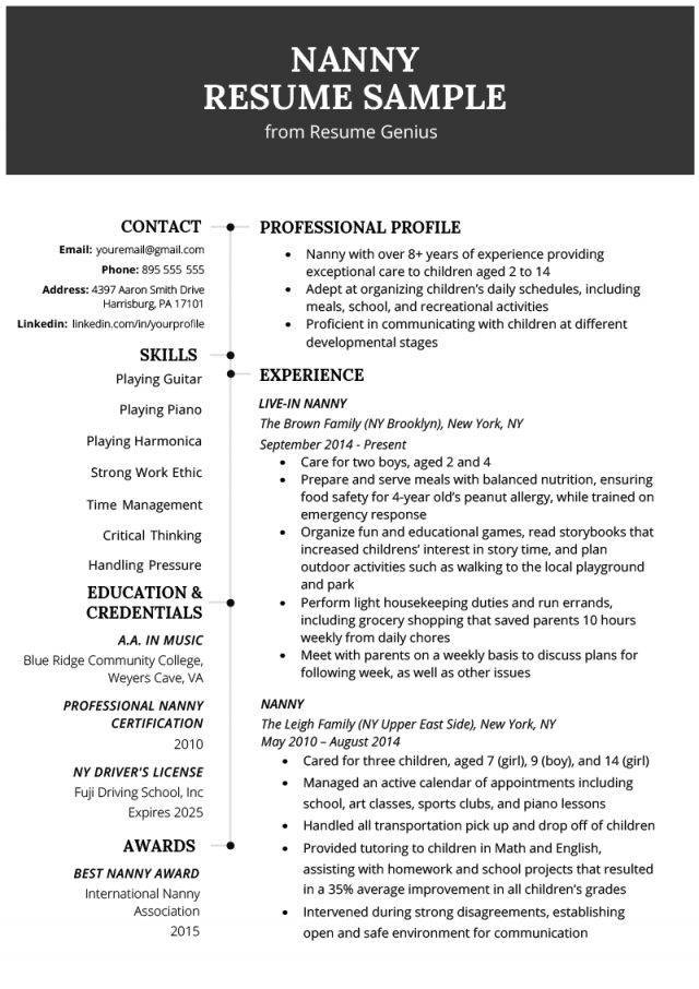 Great Resume Examples Nanny Resume Example Writing Tips Resume Genius ...