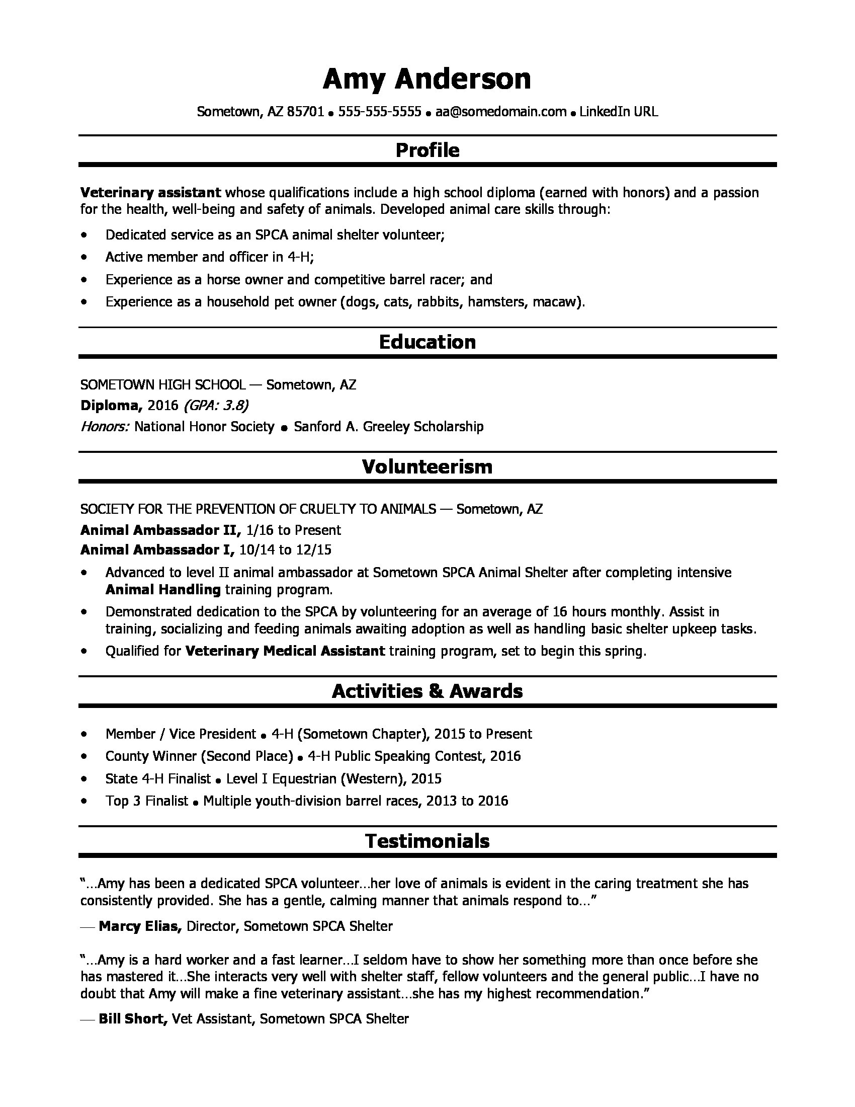 High School Resume High School Grad Veterinary Assistant high school resume|wikiresume.com
