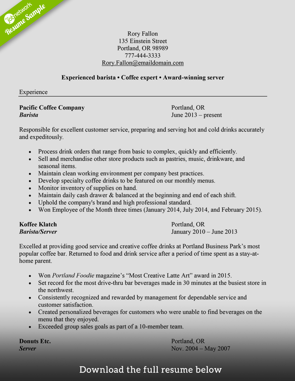 How To Write A Good Resume Barista Resume Experienced how to write a good resume|wikiresume.com