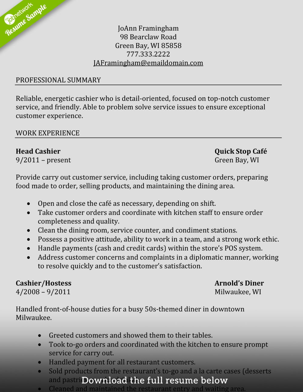 How To Write A Resume For A Job Cashier Resume Experienced Restaurant how to write a resume for a job|wikiresume.com