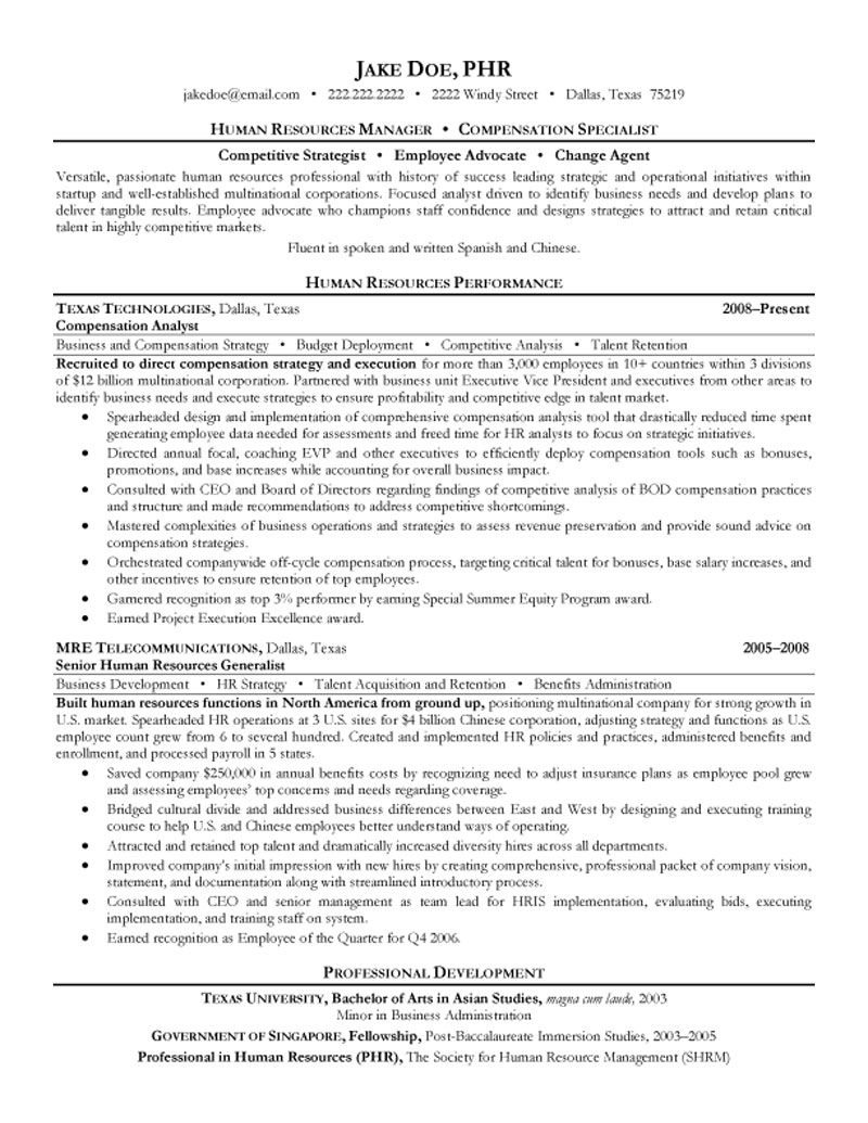 Human Resources Resume Hr Manager And Compensation Specialist Resume