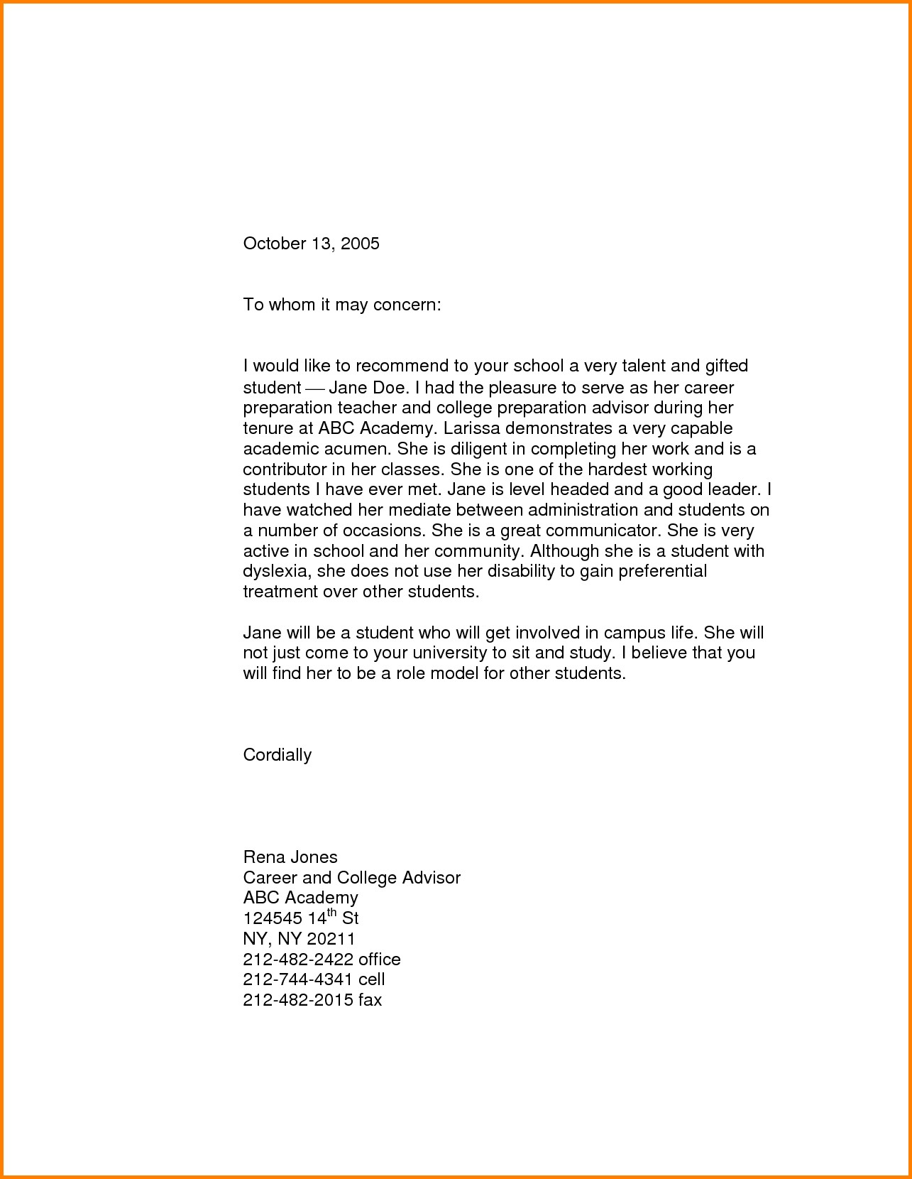 Letter Of Recommendation Template Example Letter Of Recommendation High School Student Tripeventco