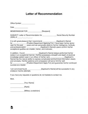 Letter Of Recommendation Template Free Military Letter Of Recommendation Templates Samples And