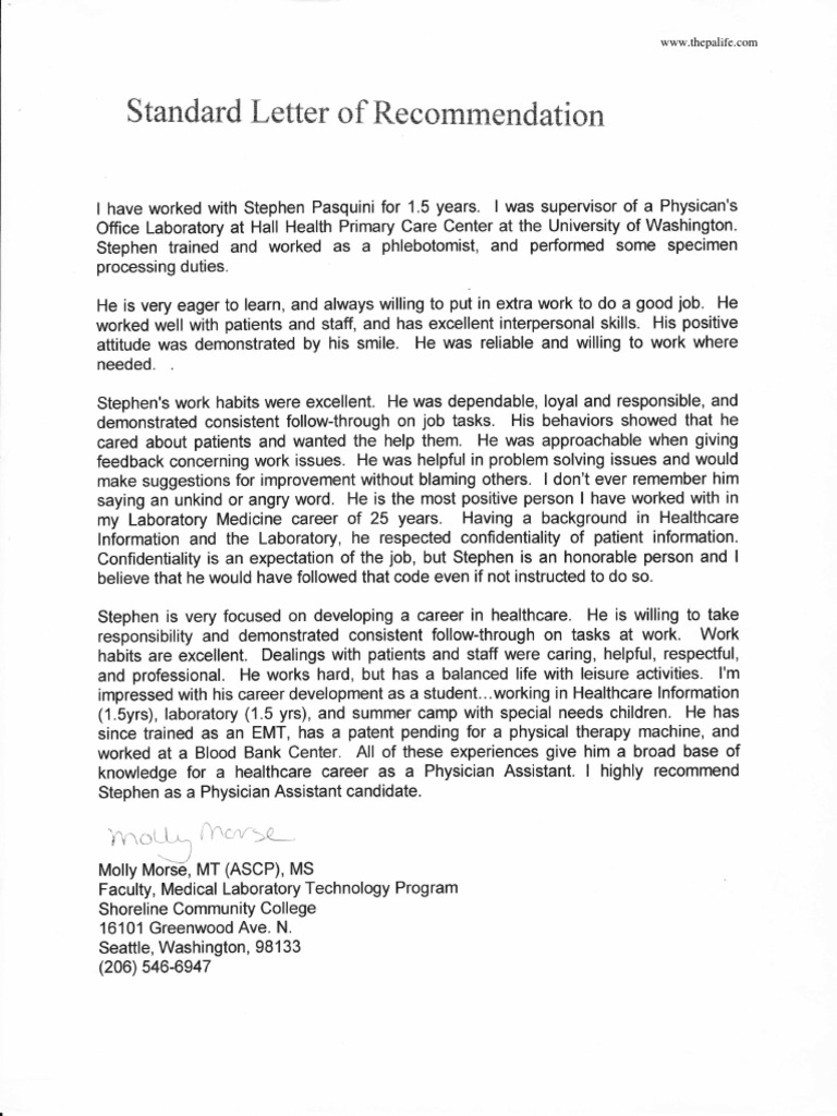 Letter Of Recommendation Template Physician Assistant School Application Recommendation Letter