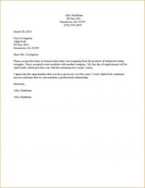 Letter Of Resignation Template  2 Week Resignation Letter Elegant Elegant Two Week Letter