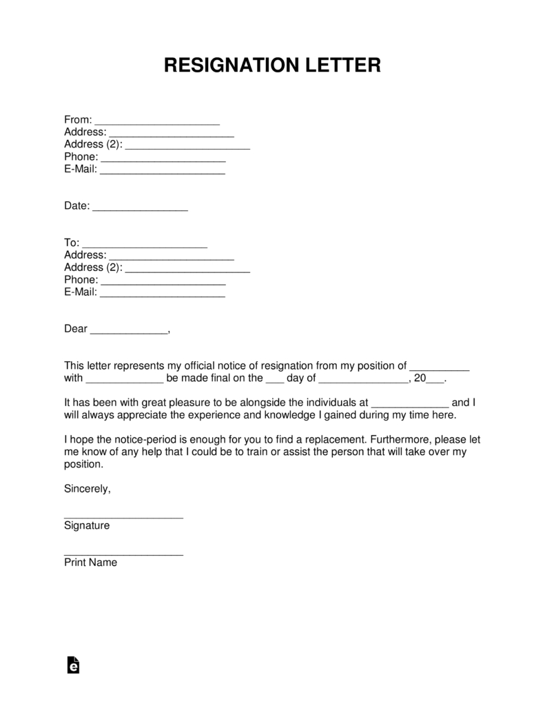 Letter Of Resignation Template  Free Resignation Letter Templates Samples And Examples Pdf
