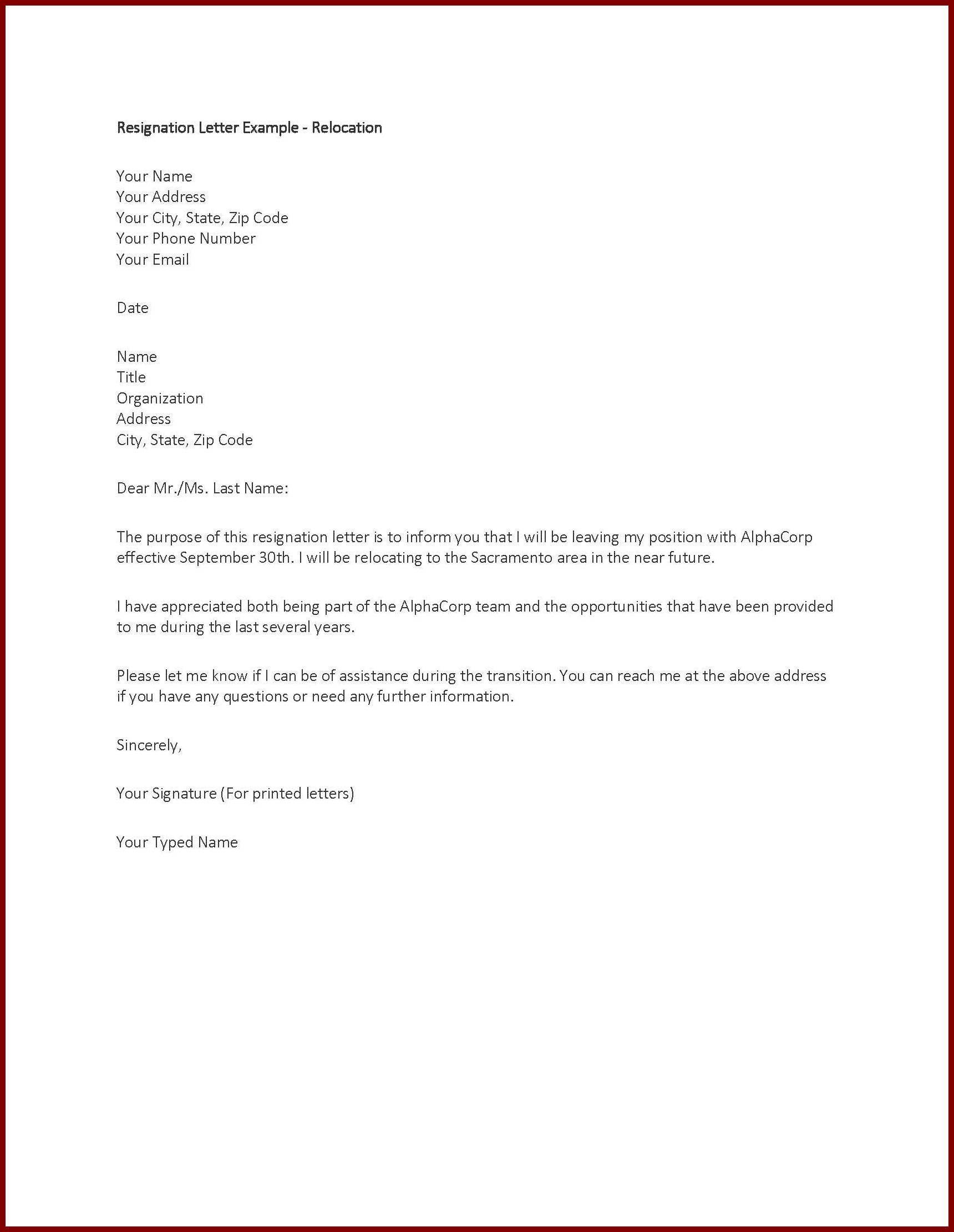 Letter Of Resignation Template  Letter Of Resignation Example New Letters Sample Simple Personal