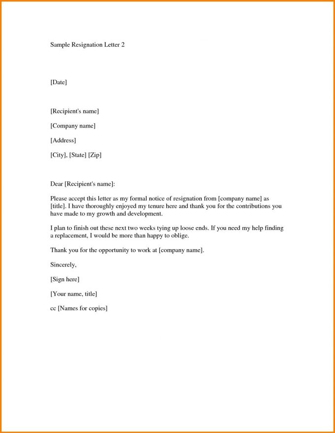 Letter Of Resignation Template Letter Of Resignation Template With Cc ...