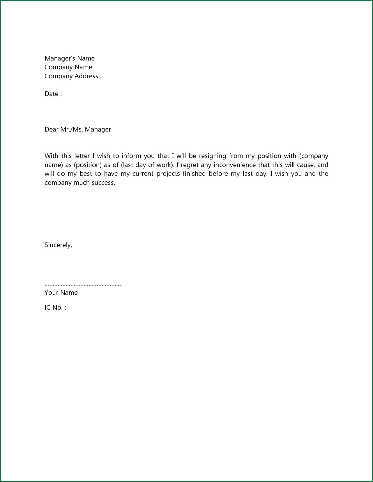 Letter Of Resignation Template  Sample Resignation Letter Format Doc New Letter Resignation Template