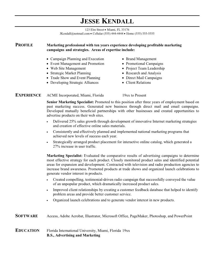 Marketing Resume Examples  Best Photos Of Marketing Resume Samples Cover Letter Examples Free