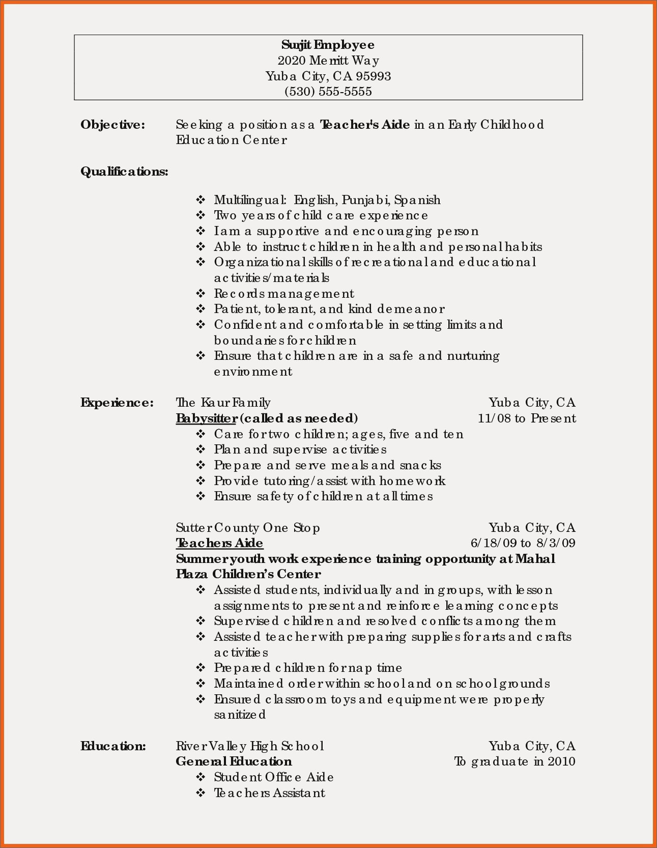 New Teacher Resume Resume Education Or Experience First Early Childhood Education