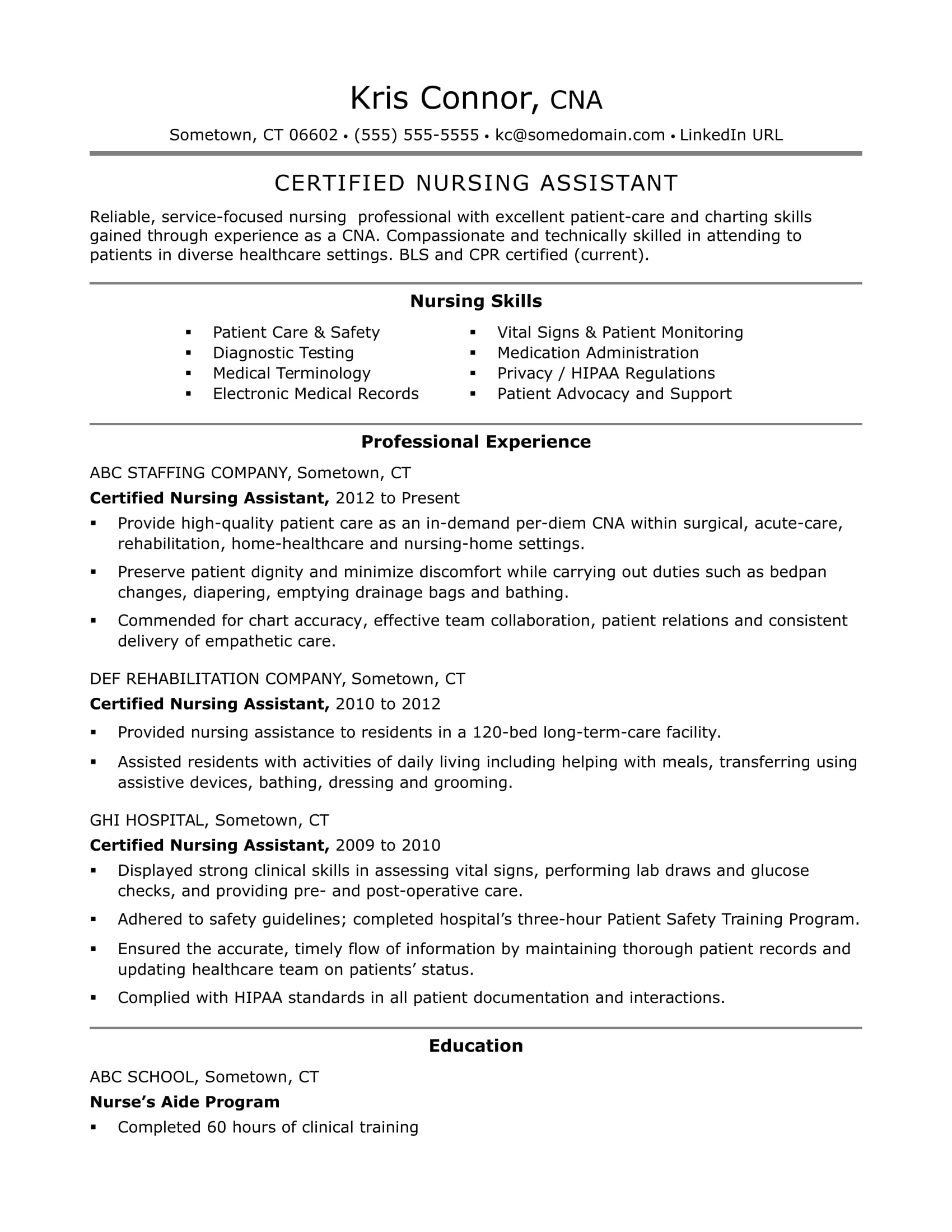 Nursing Assistant Resume Cna Resume Examples Skills For Cnas Monster 