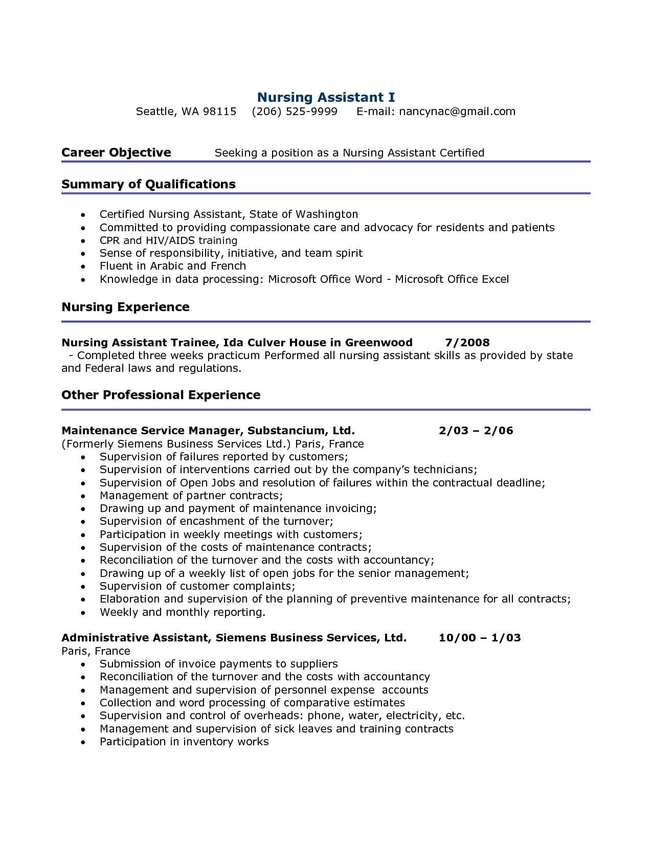 Nursing Assistant Resume Objective For Nursing Assistant Resume Cablomongroundsapexco