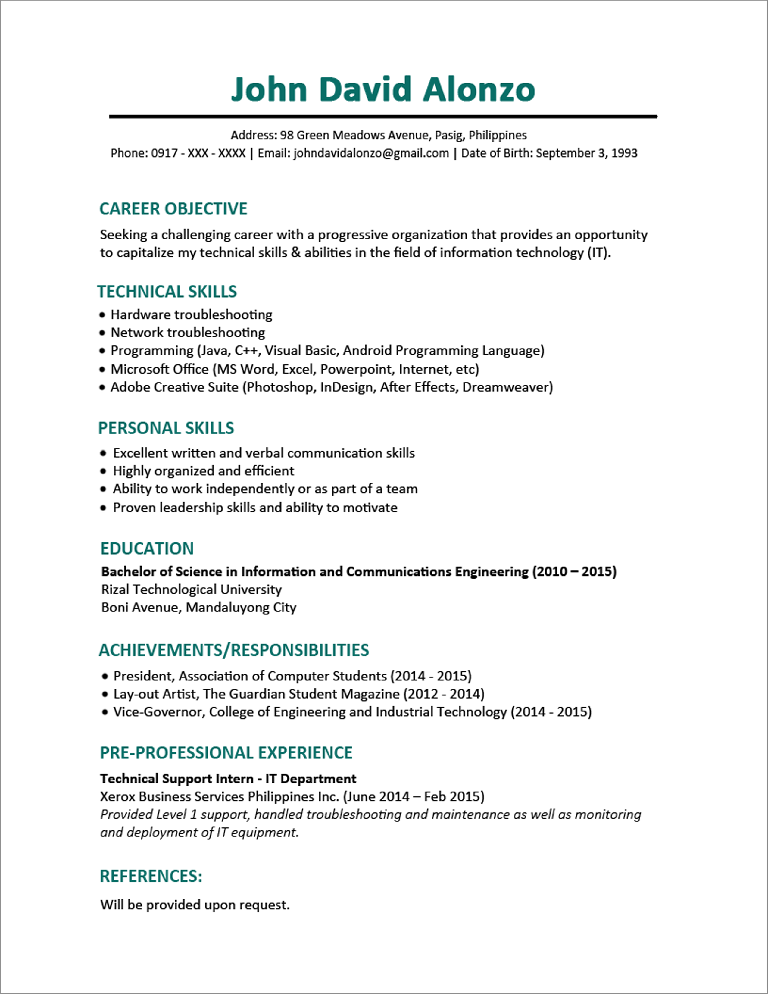 Objective For Resume Sample Resume Format For Fresh Graduates Single Page 32 objective for resume|wikiresume.com