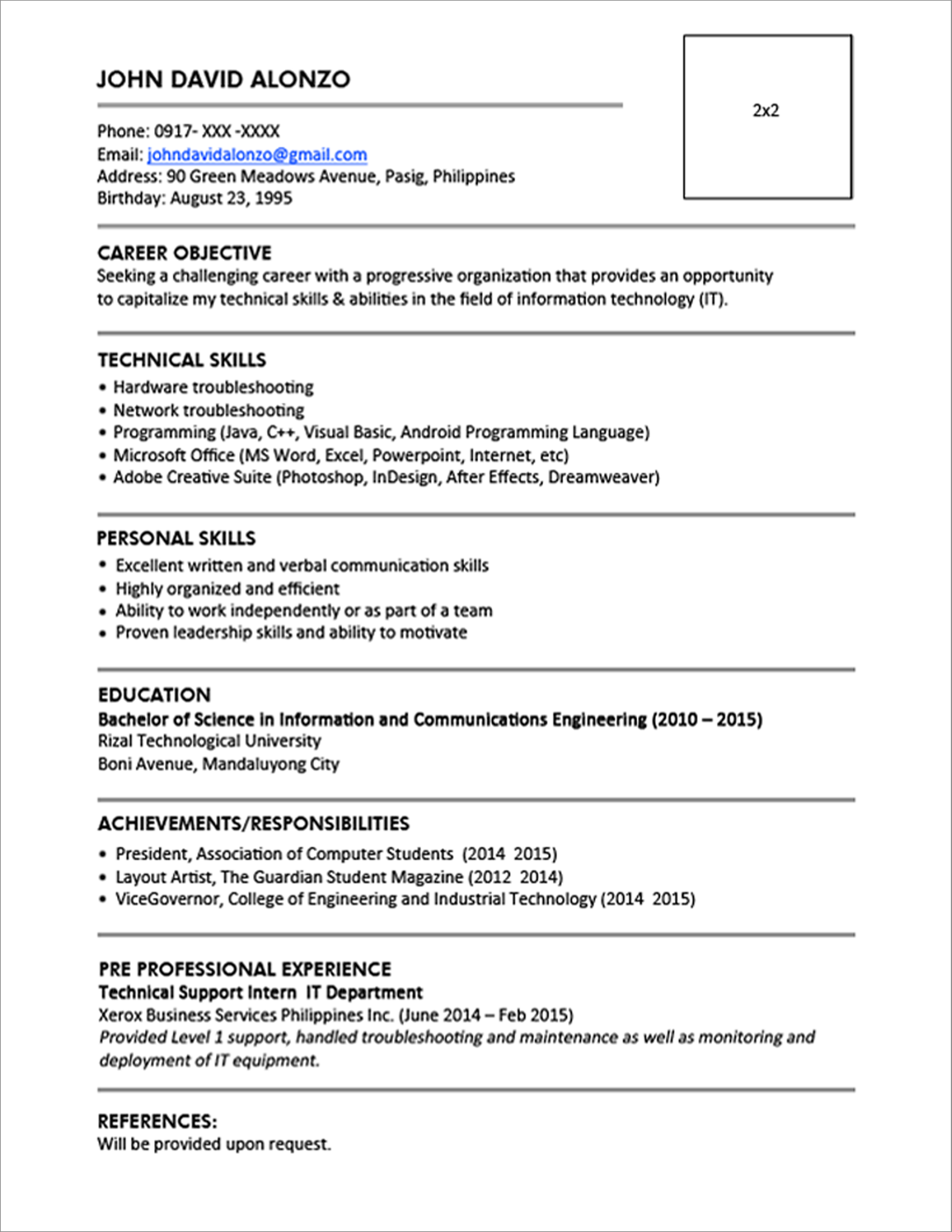 Objective On A Resume Sample Resume Format For Fresh Graduates Single Page 13 objective on a resume|wikiresume.com