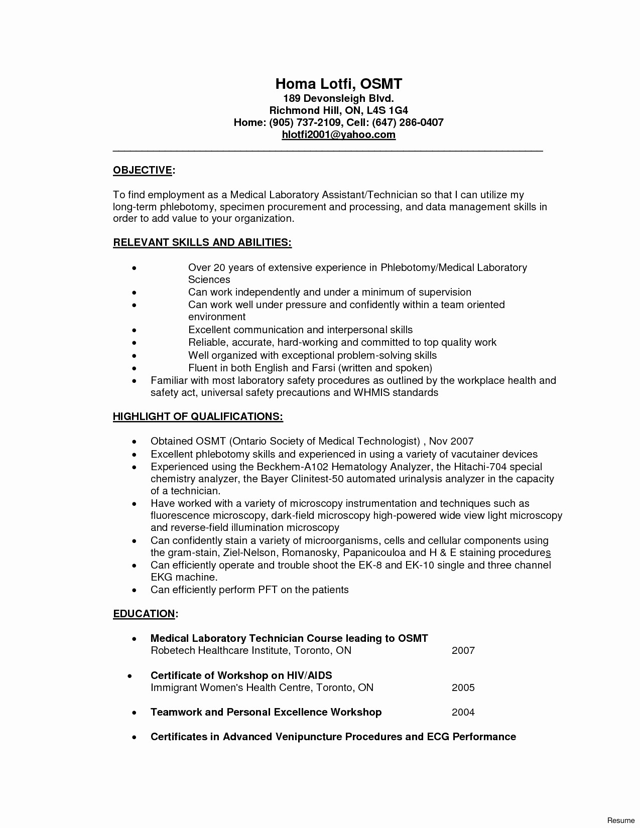 Objective Resume Ideas Medical Lab Technician Resume Format Unique Stunning Phlebotomist
