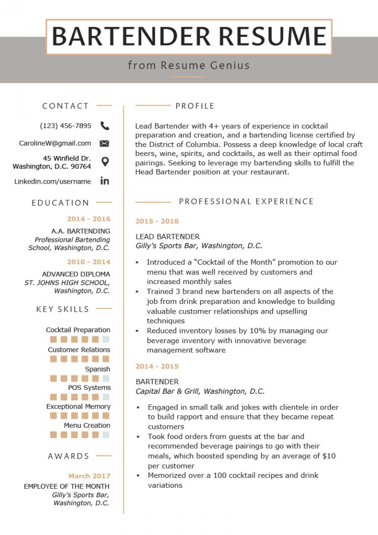 Perfect Resume Example Bartender Resume Example Writing Guide Resume ...