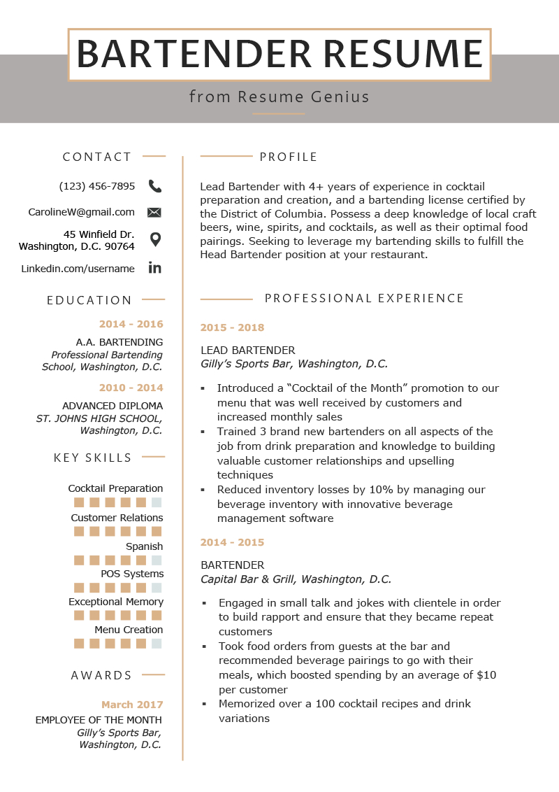 Perfect Resume Example  Bartender Resume Example Writing Guide Resume Genius Perfect Resume