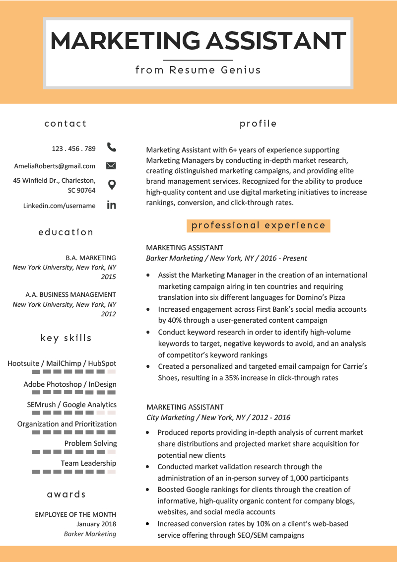 Perfect Resume Example  Marketing Assistant Resume Example Tips Resume Genius Perfect Resume