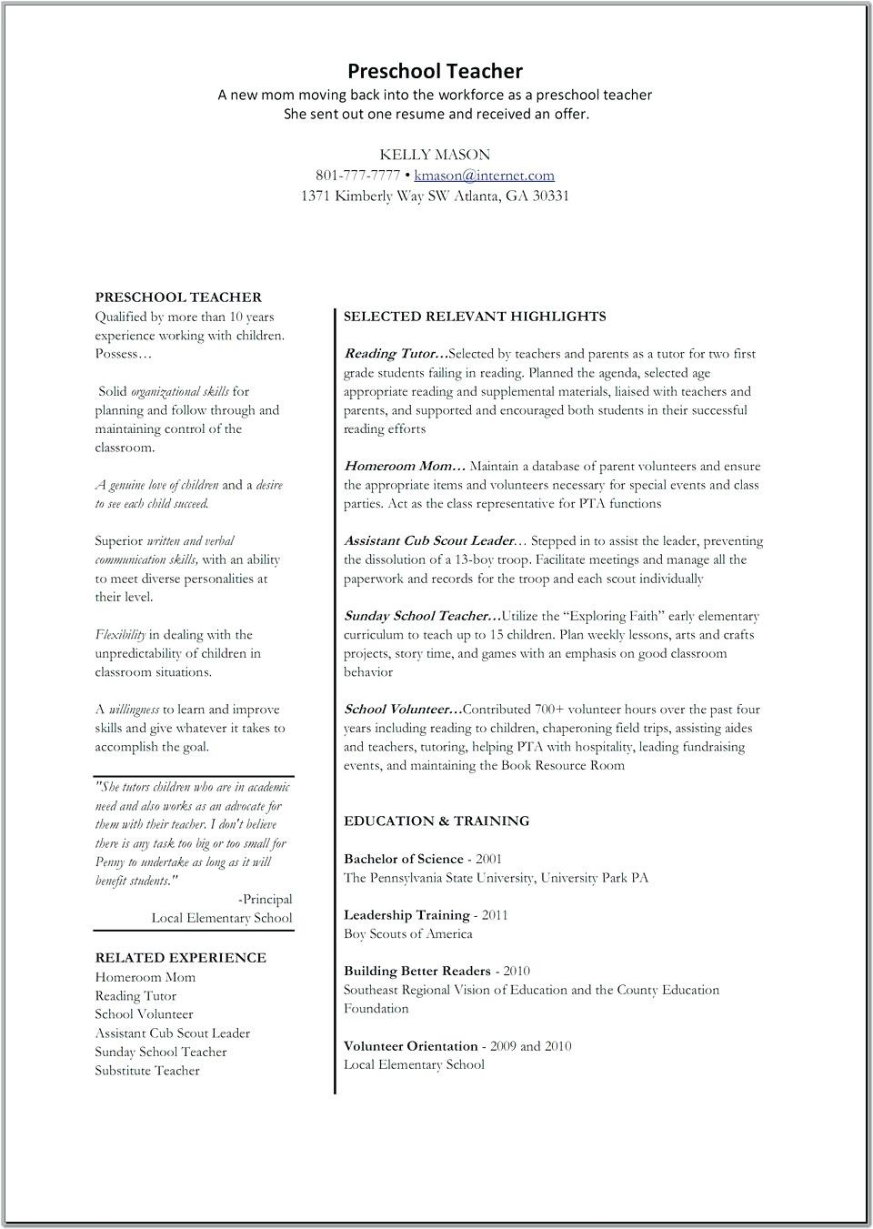 Preschool Teacher Resume Preschool Teacher Resume Sample Cool Also Of A Perfect Format